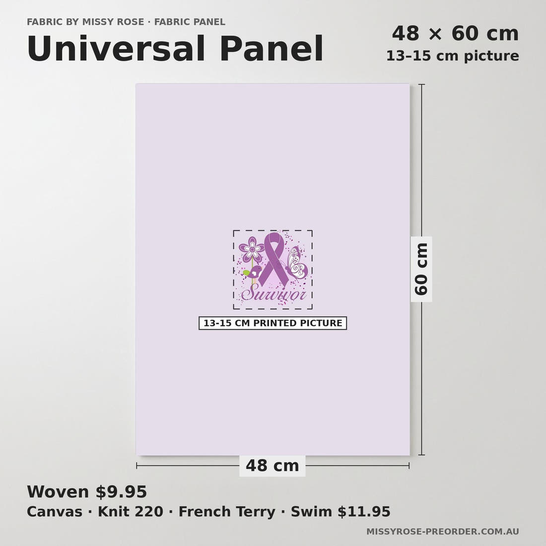 Design 686 Purple Ribbon Panel universal panel sizing – 13–15 cm printed picture on 48 × 60 cm fabric | Fabric by Missy Rose