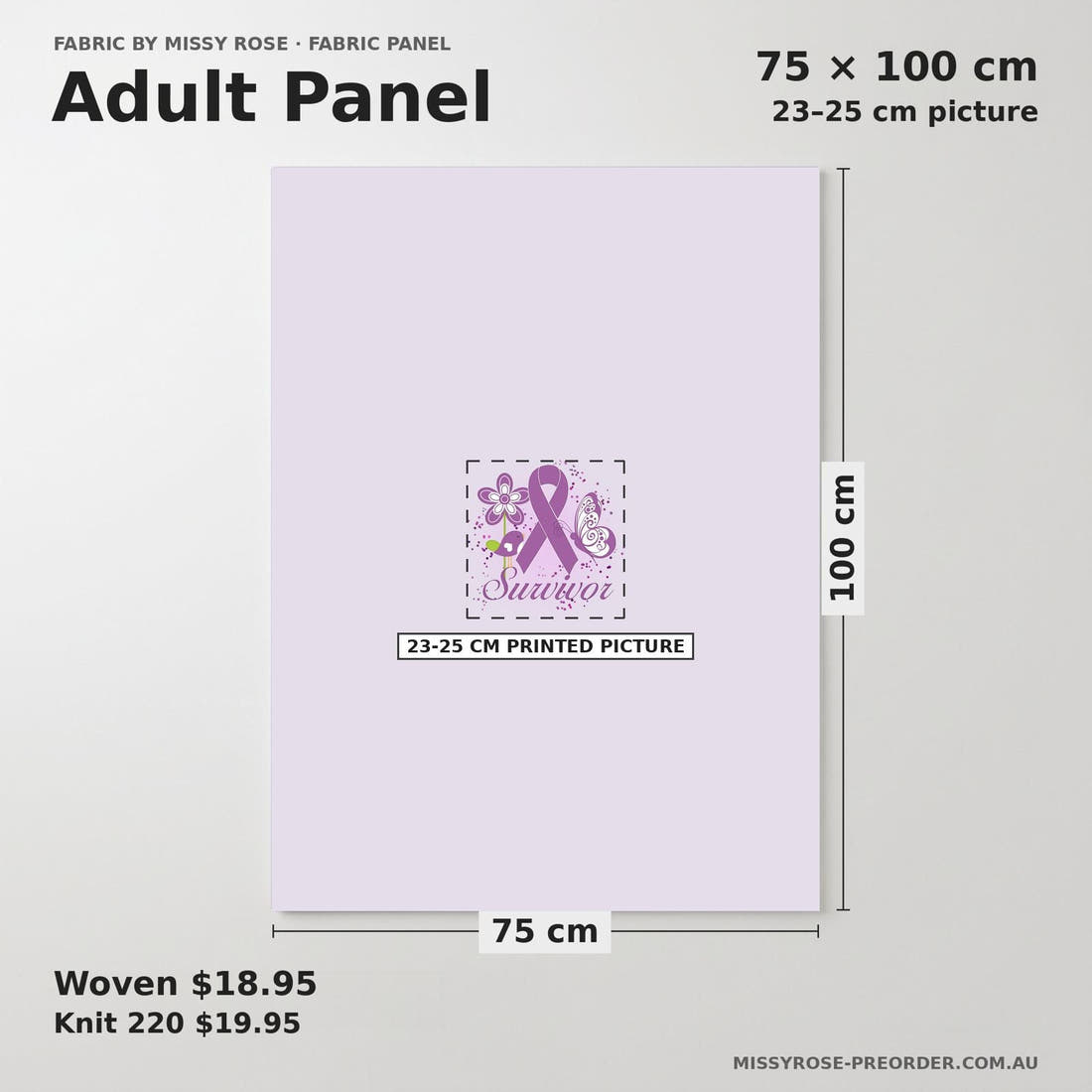 Design 686 Purple Ribbon Panel adult panel sizing – 23–25 cm printed picture on 75 × 100 cm fabric | Fabric by Missy Rose