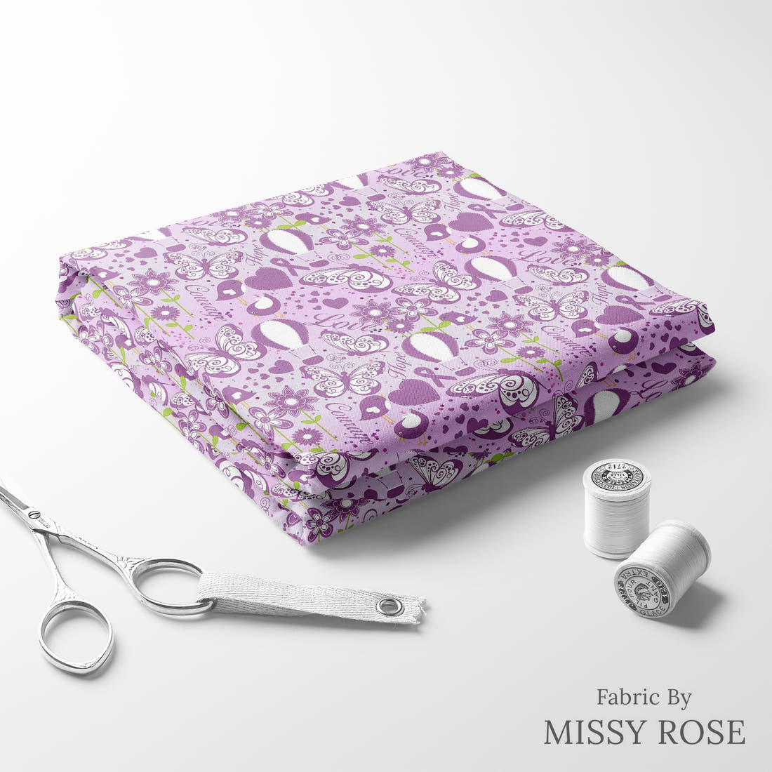 Design 686 Purple Ribbon Fabric folded fabric stack with matching thread – pre-order fabric Australia | Fabric by Missy Rose