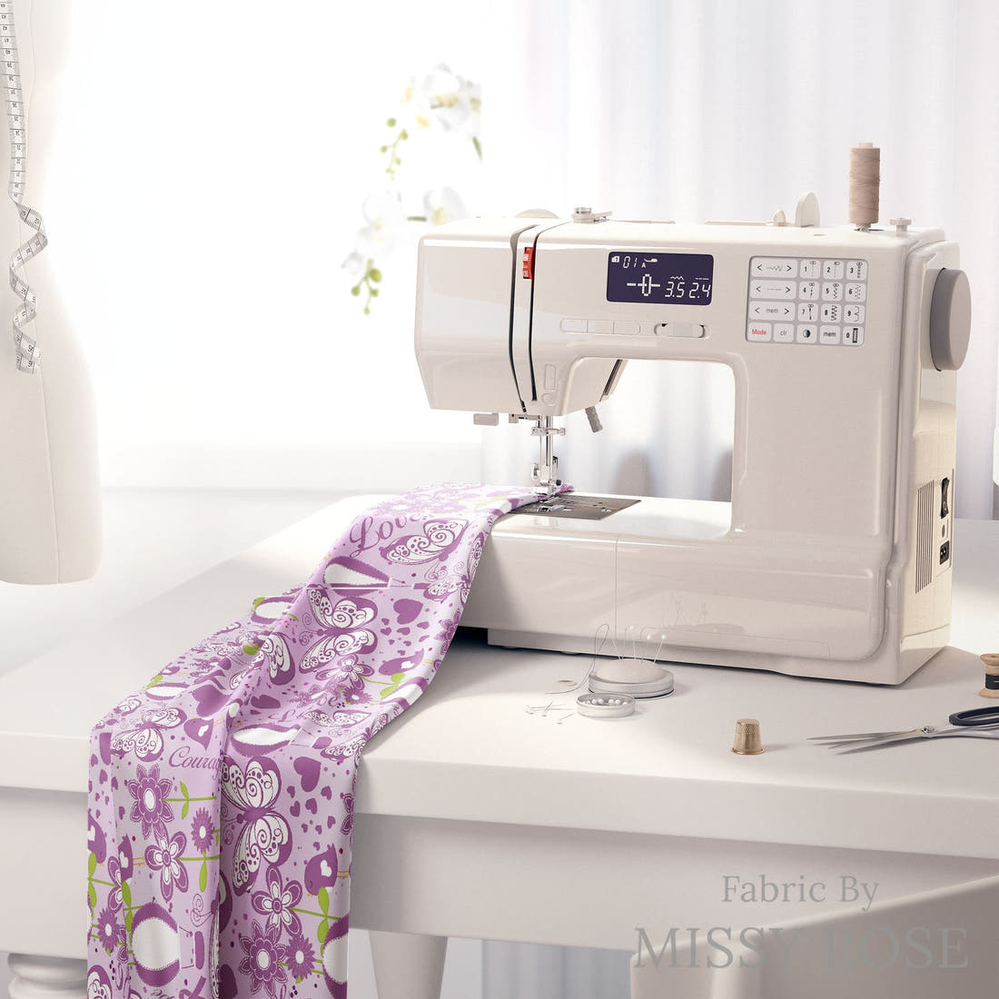 Design 686 Purple Ribbon Fabric on a sewing machine – premium fabric for sewing projects | Fabric by Missy Rose