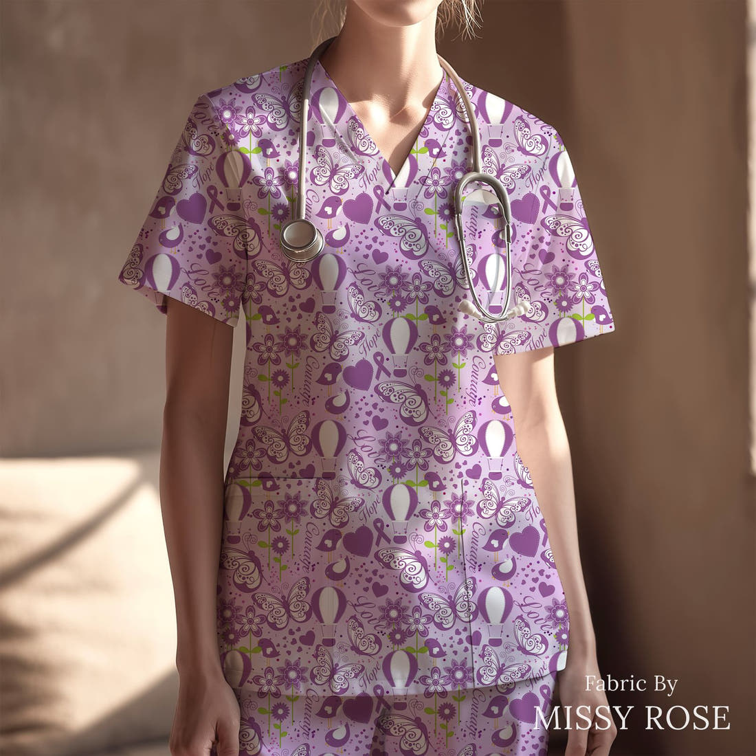 Design 686 Purple Ribbon Fabric sewn into a scrubs top – see how the print looks made up | Fabric by Missy Rose