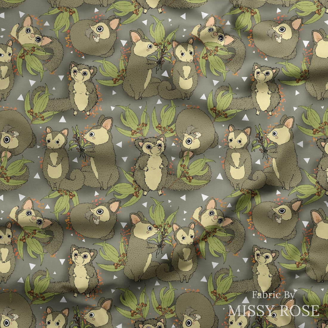 Design 687 Cute Possum Fabric draped fabric mockup – custom printed fabric by the metre | Fabric by Missy Rose