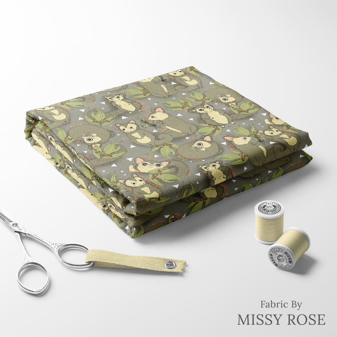 Design 687 Cute Possum Fabric folded fabric stack with matching thread – pre-order fabric Australia | Fabric by Missy Rose