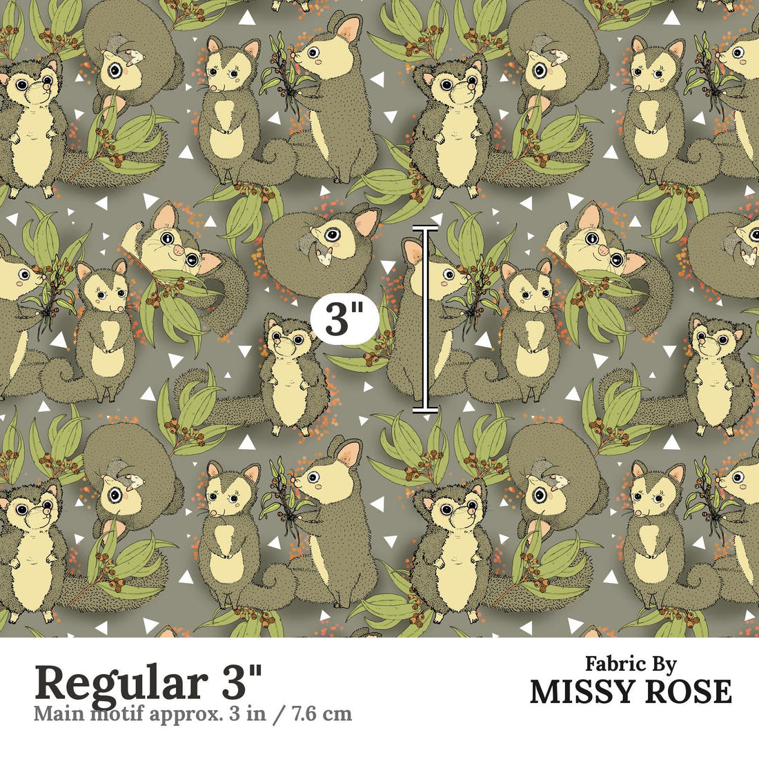 Design 687 Cute Possum Fabric Regular 3" - print scale | Fabric by Missy Rose
