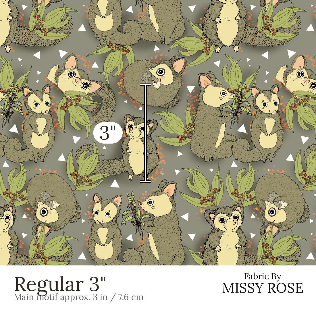 Design 687 Cute Possum Fabric Regular 3 inch print scale guide | Fabric by Missy Rose