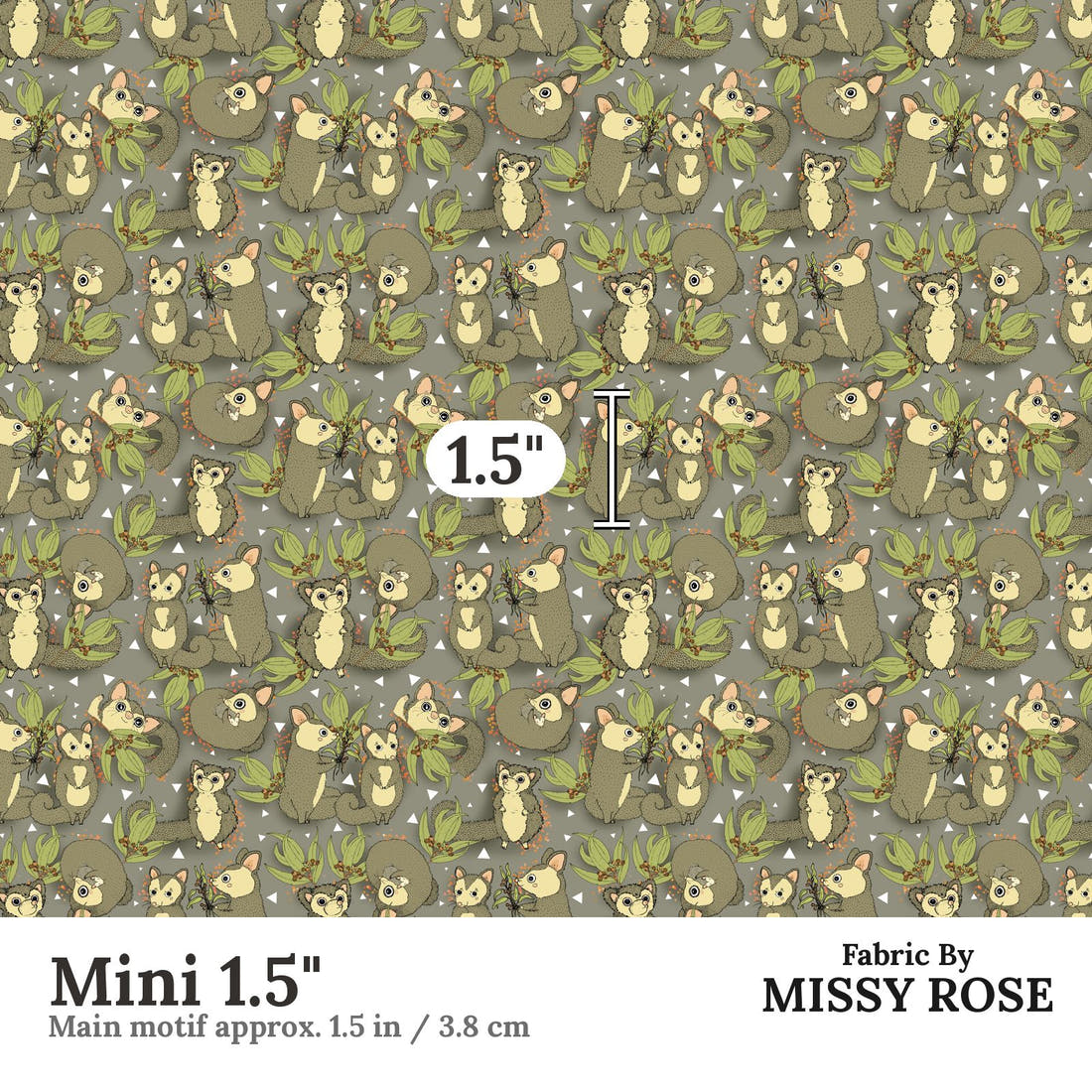 Design 687 Cute Possum Fabric Mini 1.5" - print scale | Fabric by Missy Rose