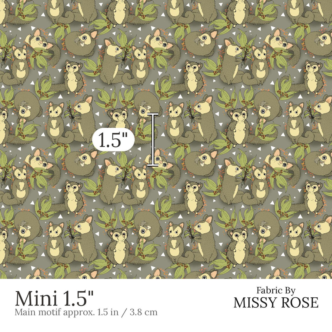 Design 687 Cute Possum Fabric Mini 1.5 inch print scale guide | Fabric by Missy Rose