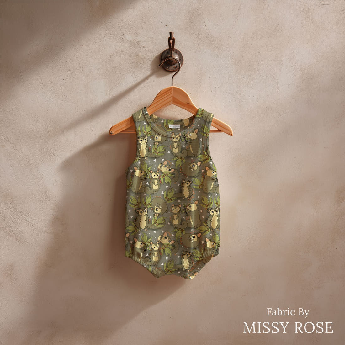 Design 687 Cute Possum Fabric sewn into a baby romper – see how the print looks made up | Fabric by Missy Rose