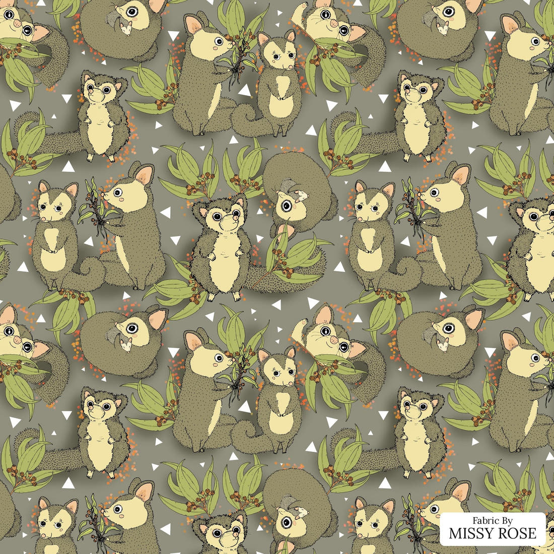 Design 687 Cute Possum Fabric - flat view of the print, zoom in for detail | Fabric by Missy Rose