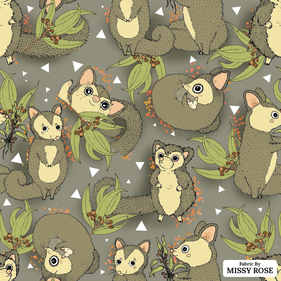 Design 687 Cute Possum Fabric - flat view of the print, zoom in for detail | Fabric by Missy Rose