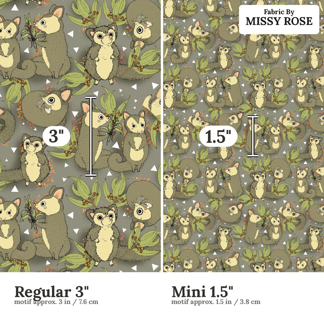 Design 687 Cute Possum Fabric size comparison - print scale | Fabric by Missy Rose