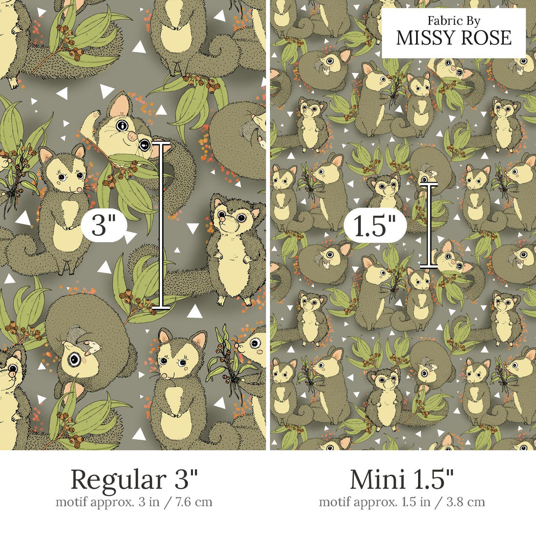 Design 687 Cute Possum Fabric Regular 3 inch vs Mini 1.5 inch print scale side by side | Fabric by Missy Rose