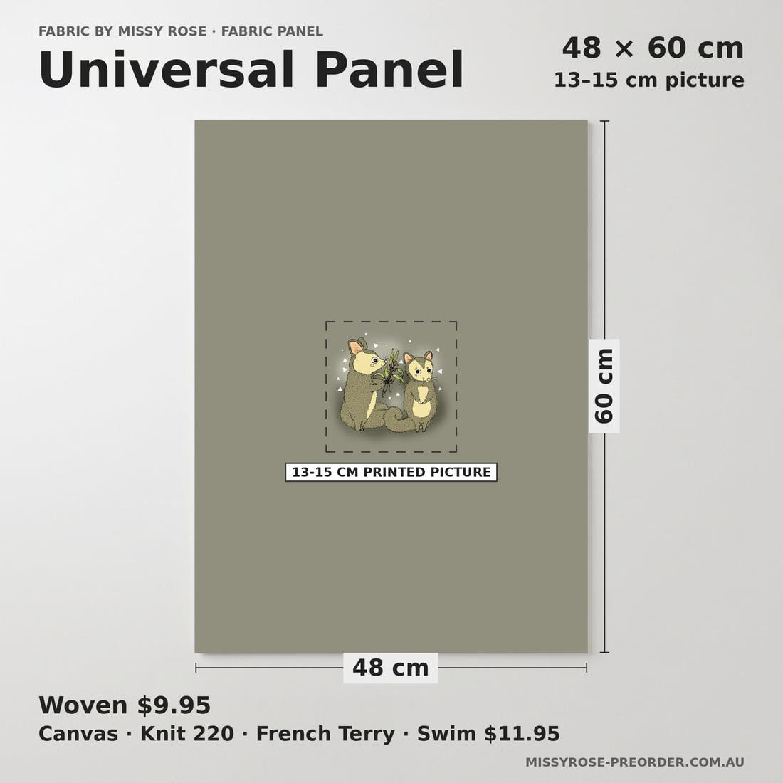 Design 687 Cute Possum Panel universal panel sizing – 13–15 cm printed picture on 48 × 60 cm fabric | Fabric by Missy Rose