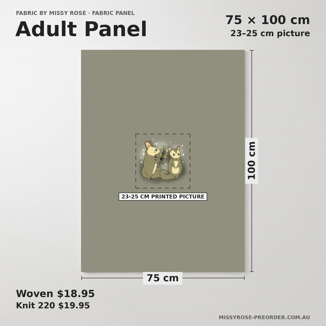 Design 687 Cute Possum Panel adult panel sizing – 23–25 cm printed picture on 75 × 100 cm fabric | Fabric by Missy Rose