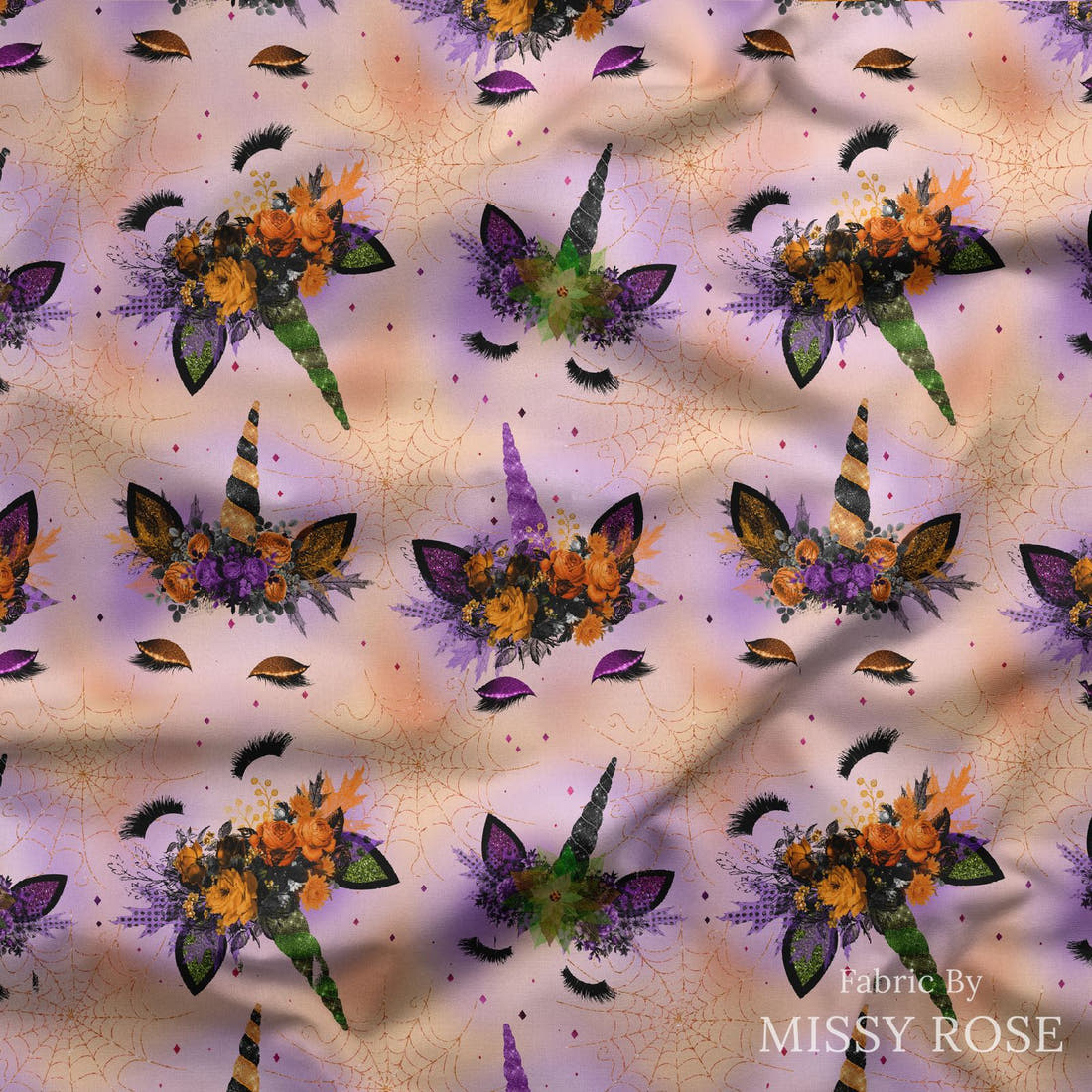 Design 688 Halloween Unicorn Fabric draped fabric mockup – custom printed fabric by the metre | Fabric by Missy Rose