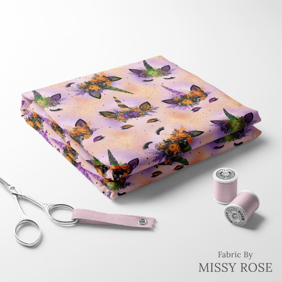 Design 688 Halloween Unicorn Fabric folded fabric stack with matching thread – pre-order fabric Australia | Fabric by Missy Rose