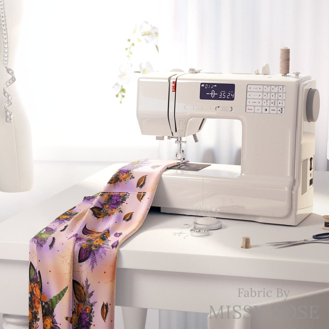 Design 688 Halloween Unicorn Fabric on a sewing machine – premium fabric for sewing projects | Fabric by Missy Rose