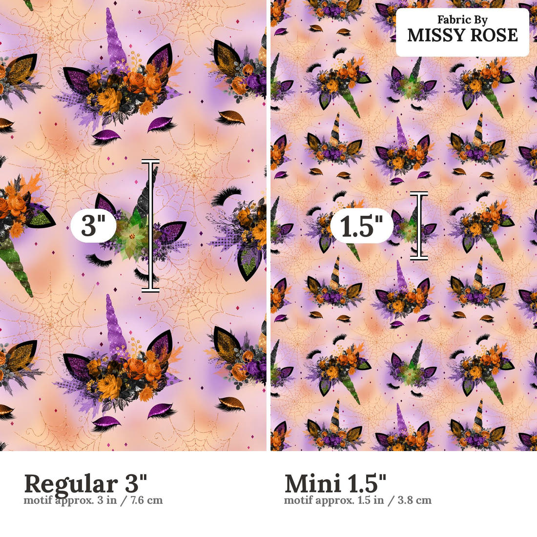Design 688 Halloween Unicorn Fabric size comparison - print scale | Fabric by Missy Rose
