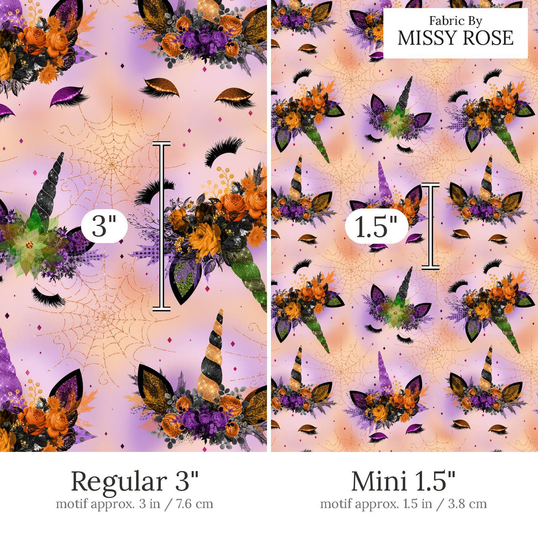 Design 688 Halloween Unicorn Fabric Regular 3 inch vs Mini 1.5 inch print scale side by side | Fabric by Missy Rose