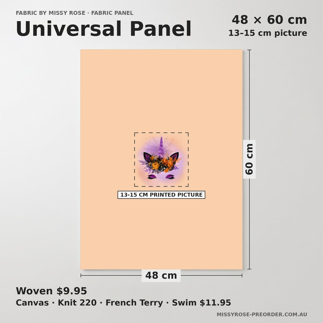 Design 688 Halloween Unicorn Panel universal panel sizing – 13–15 cm printed picture on 48 × 60 cm fabric | Fabric by Missy Rose