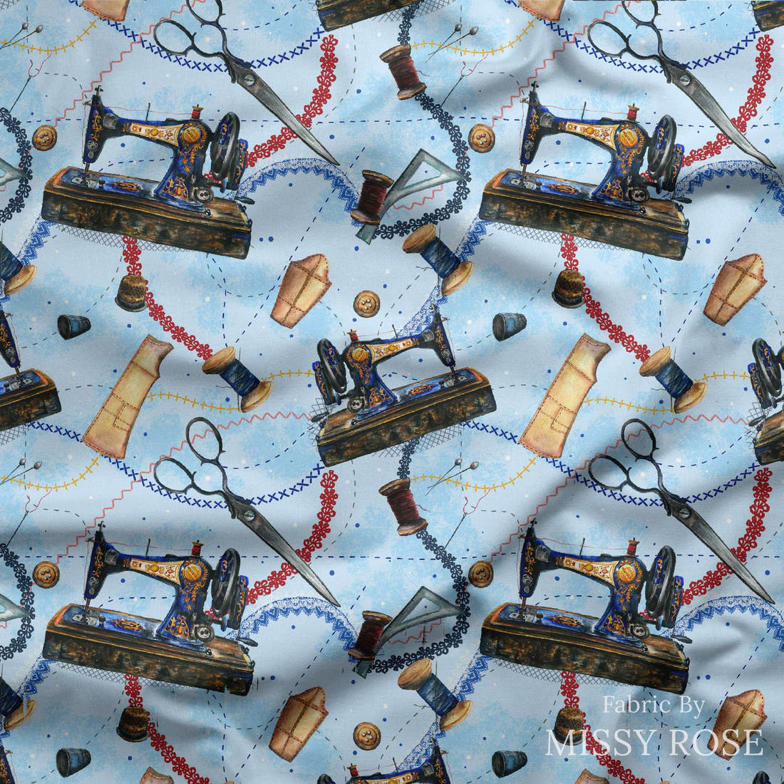 Design 689 Blue Sewing Fabric draped fabric mockup – custom printed fabric by the metre | Fabric by Missy Rose