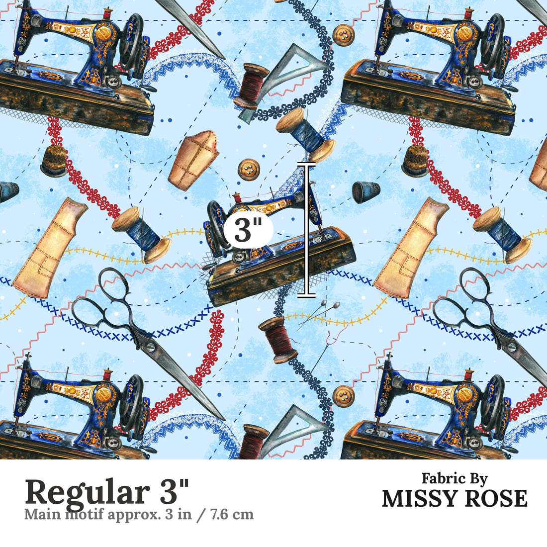 Design 689 Blue Sewing Fabric Regular 3" - print scale | Fabric by Missy Rose