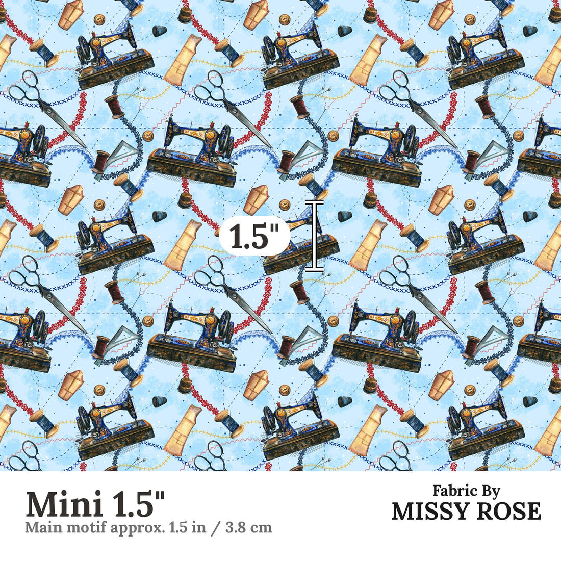 Design 689 Blue Sewing Fabric Mini 1.5" - print scale | Fabric by Missy Rose