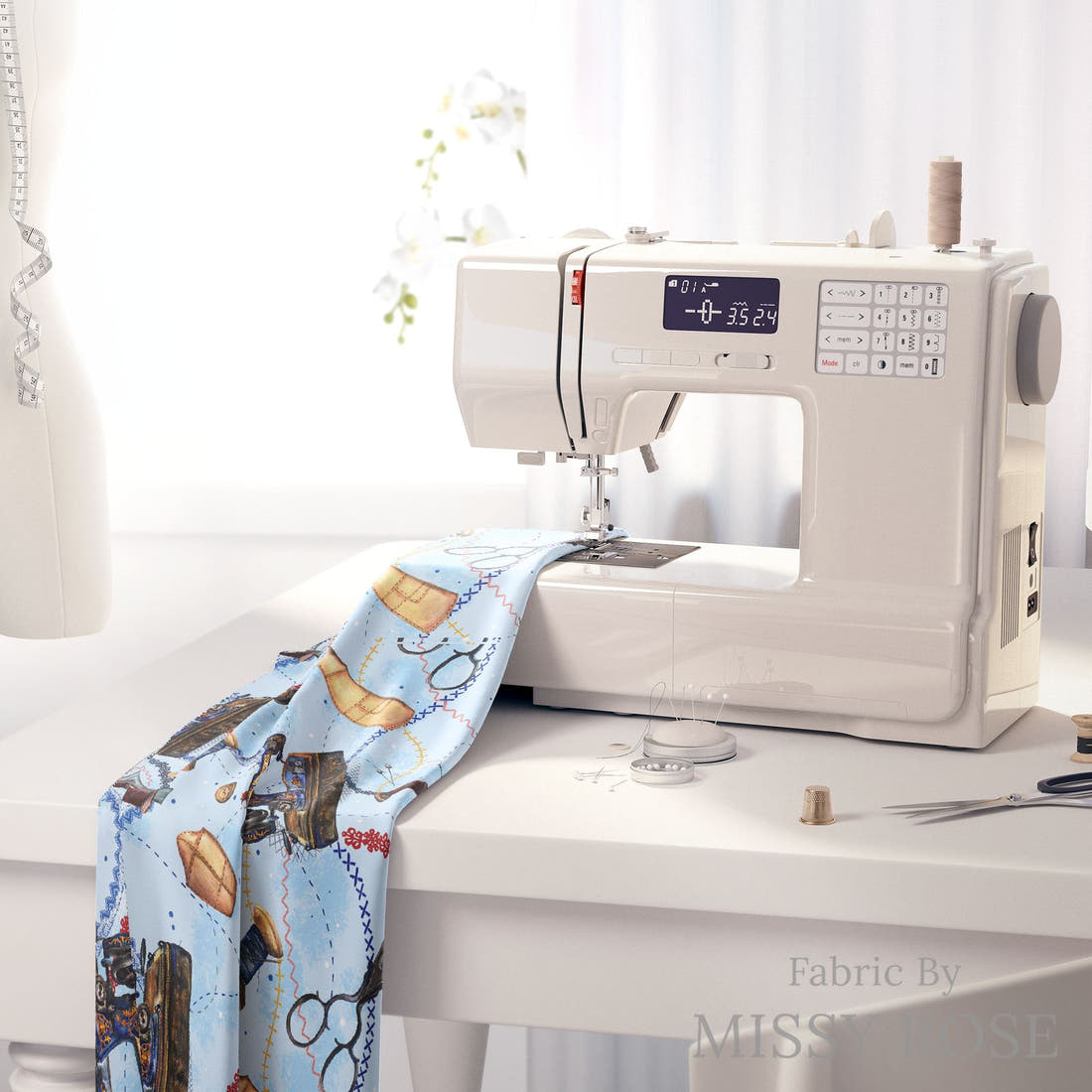 Design 689 Blue Sewing Fabric on a sewing machine – premium fabric for sewing projects | Fabric by Missy Rose