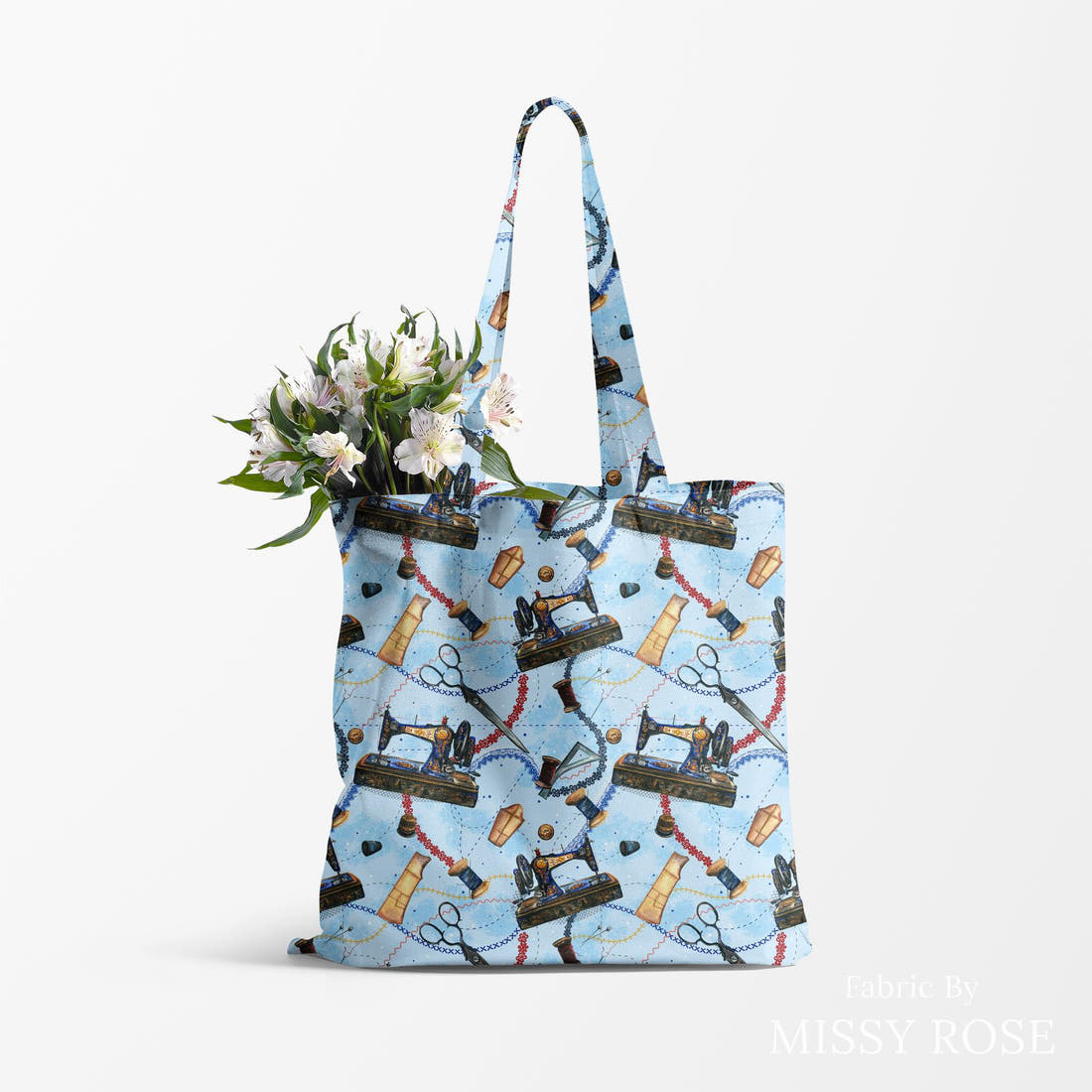 Design 689 Blue Sewing Fabric made up as a tote bag – see how the print looks made up | Fabric by Missy Rose