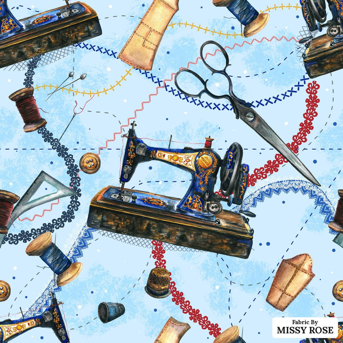 Design 689 Blue Sewing Fabric - flat view of the print, zoom in for detail | Fabric by Missy Rose