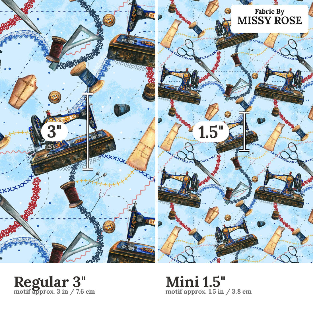 Design 689 Blue Sewing Fabric size comparison - print scale | Fabric by Missy Rose