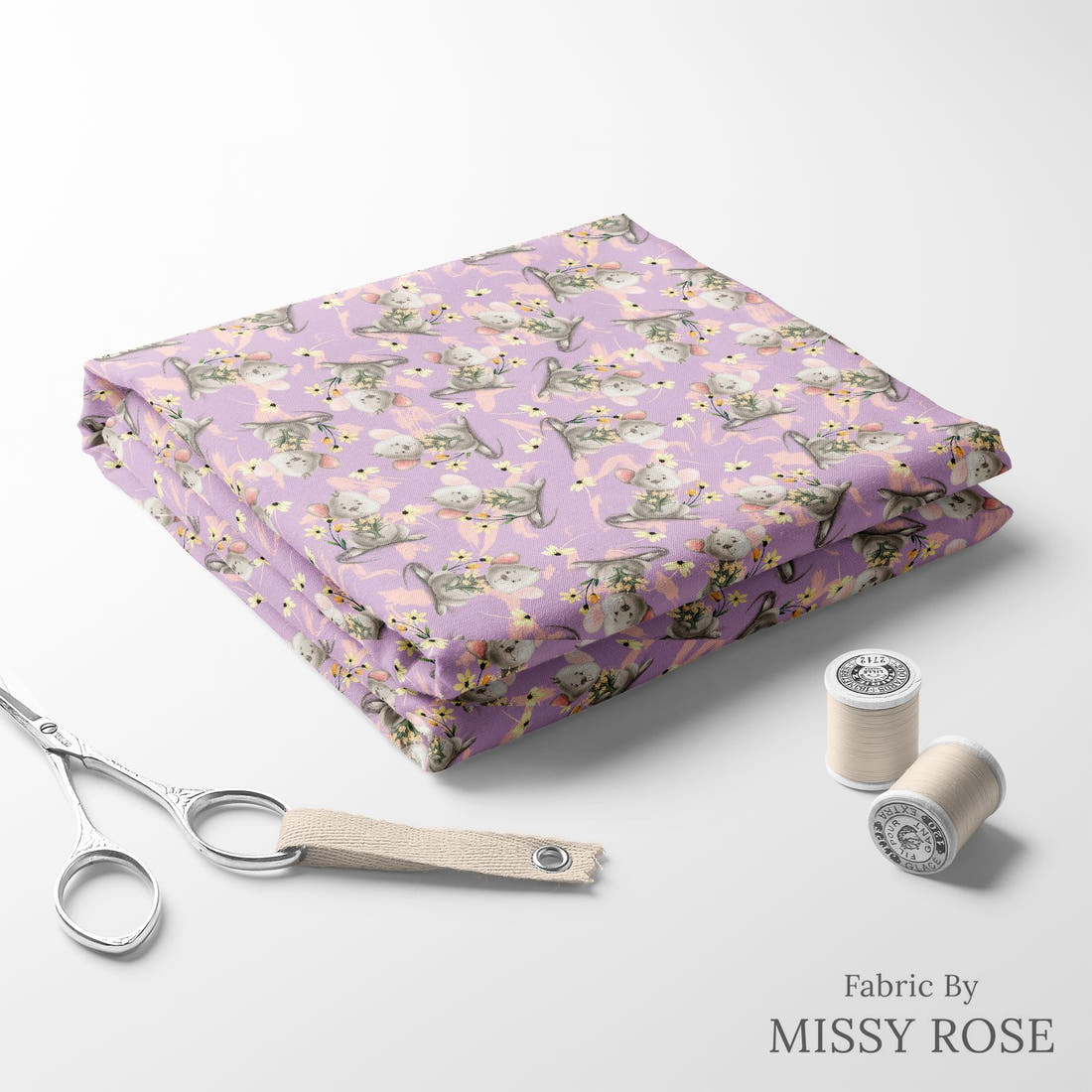 Design 69 Mouse Fabric folded fabric stack with matching thread – pre-order fabric Australia | Fabric by Missy Rose