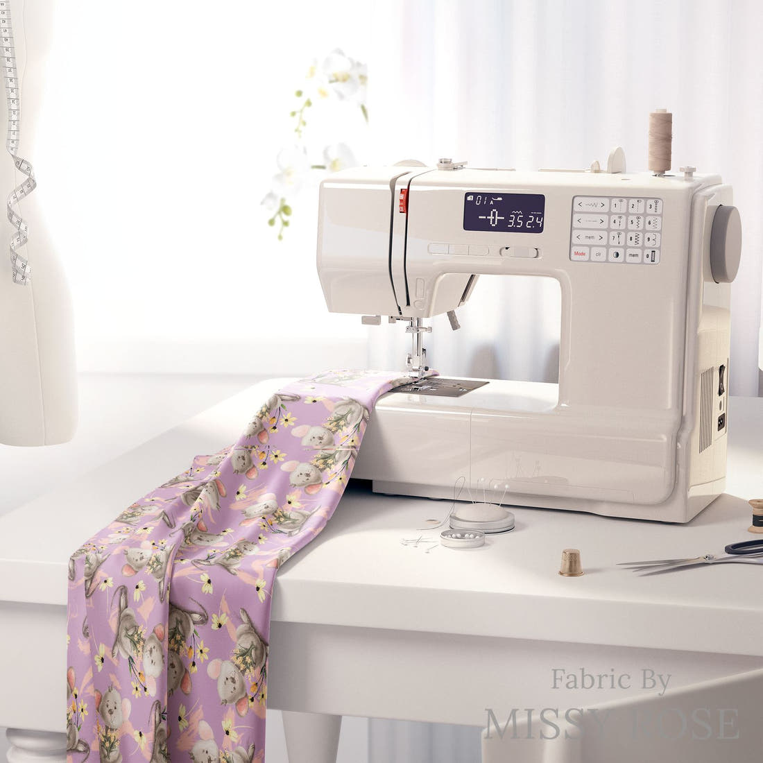 Design 69 Mouse Fabric on a sewing machine – premium fabric for sewing projects | Fabric by Missy Rose