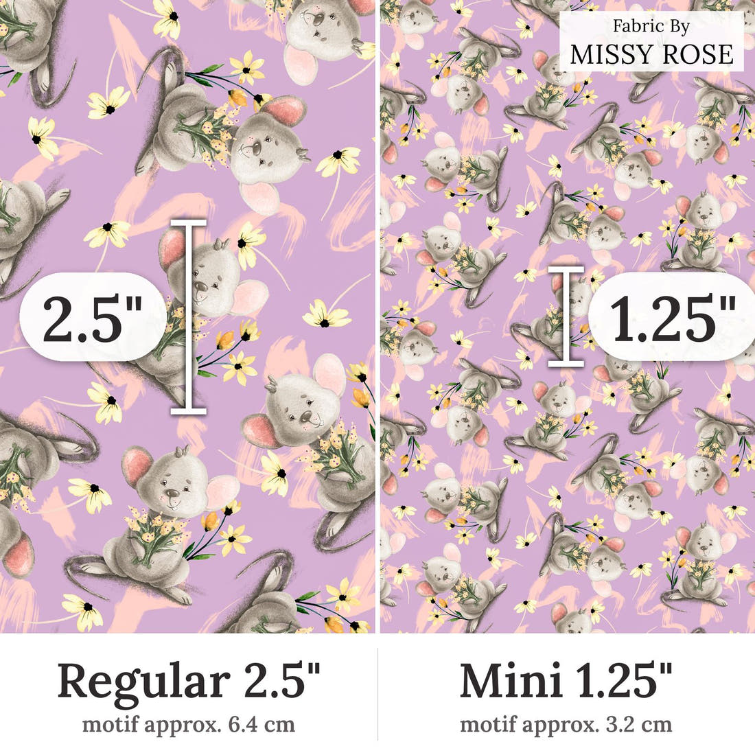 Design 69 Mouse Fabric Regular 2.5 inch vs Mini 1.25 inch print scale side by side | Fabric by Missy Rose