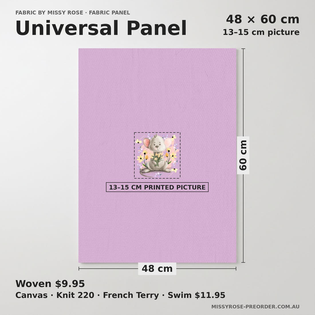 Design 69 Mouse Panel universal panel sizing – 13–15 cm printed picture on 48 × 60 cm fabric | Fabric by Missy Rose