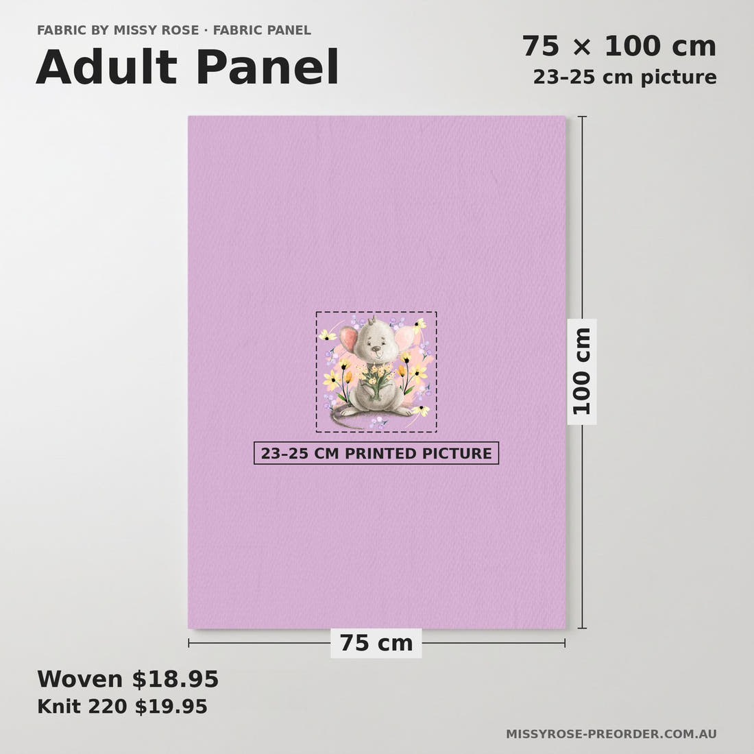 Design 69 Mouse Panel adult panel sizing – 23–25 cm printed picture on 75 × 100 cm fabric | Fabric by Missy Rose