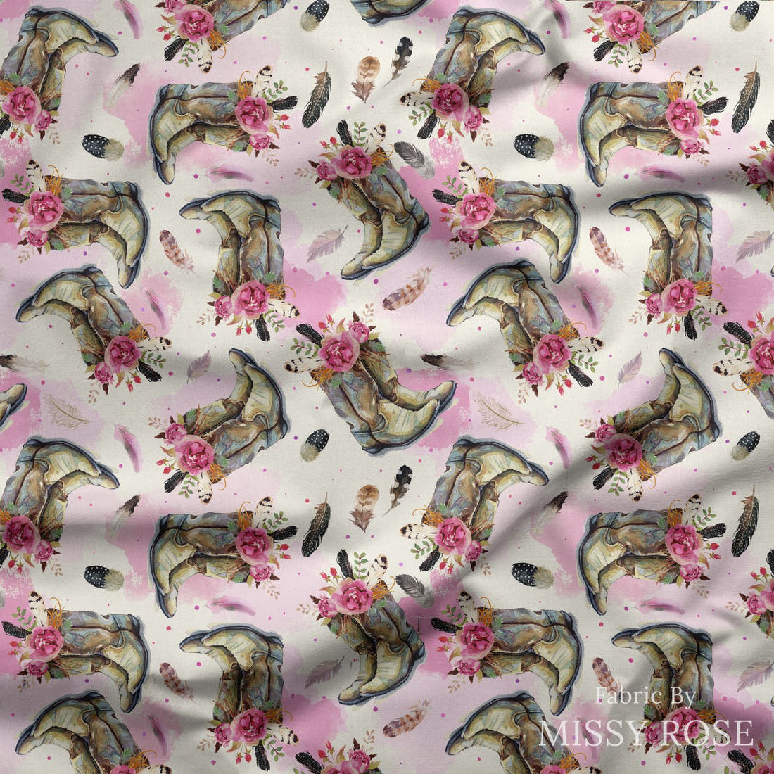 Design 690 Cowgirl Boots Fabric draped fabric mockup – custom printed fabric by the metre | Fabric by Missy Rose