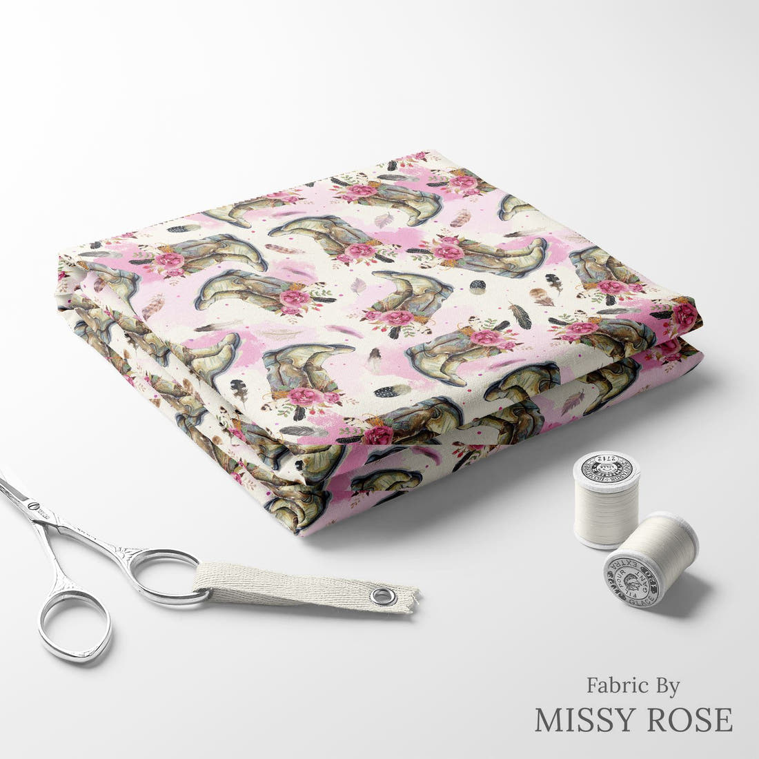 Design 690 Cowgirl Boots Fabric folded fabric stack with matching thread – pre-order fabric Australia | Fabric by Missy Rose