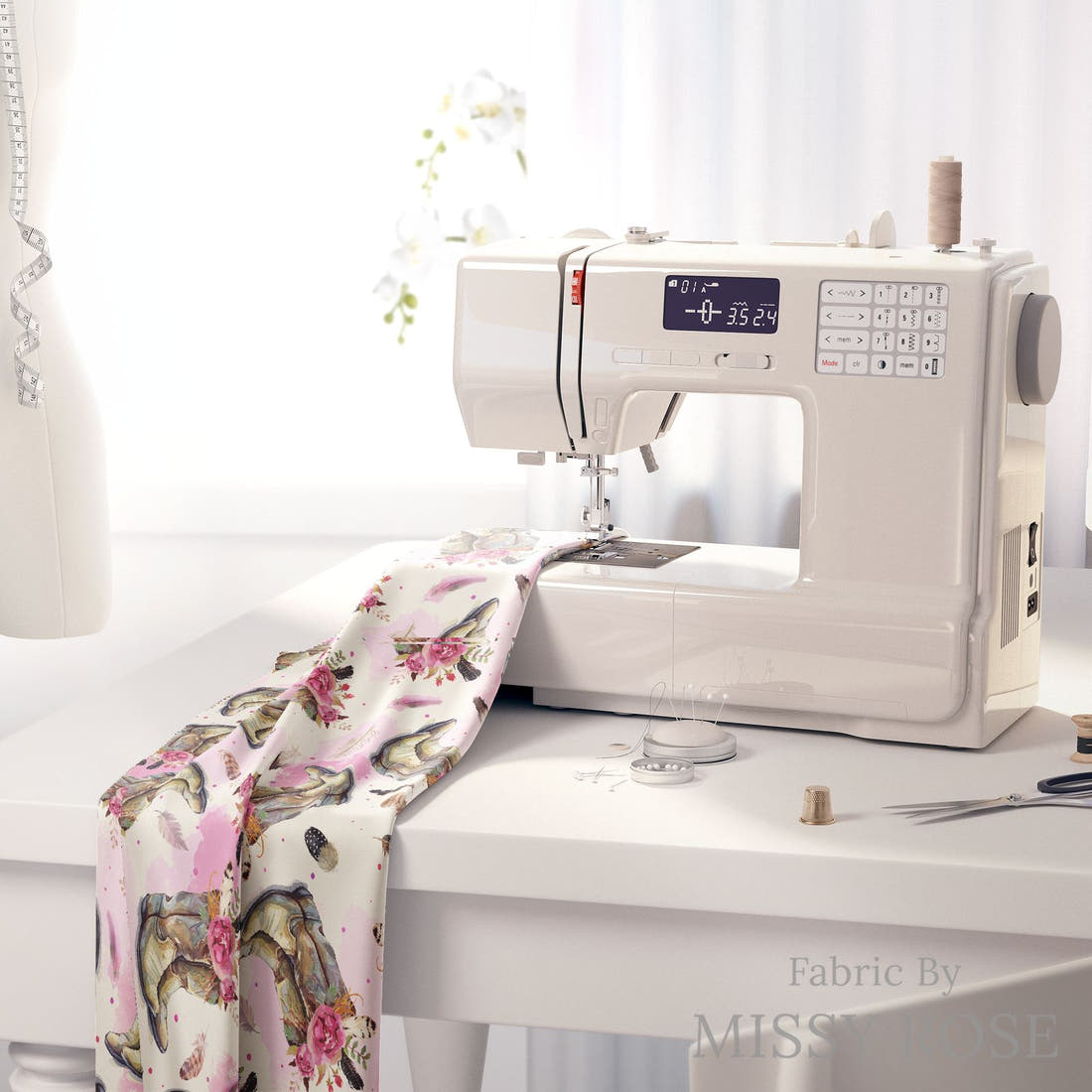 Design 690 Cowgirl Boots Fabric on a sewing machine – premium fabric for sewing projects | Fabric by Missy Rose