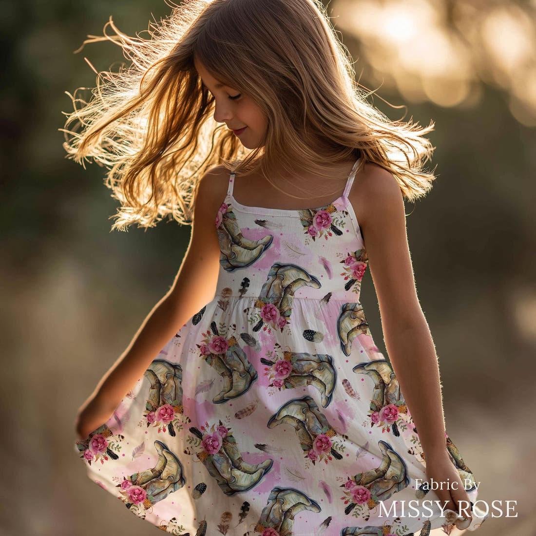 Design 690 Cowgirl Boots Fabric sewn into a girls' dress – see how the print looks made up | Fabric by Missy Rose