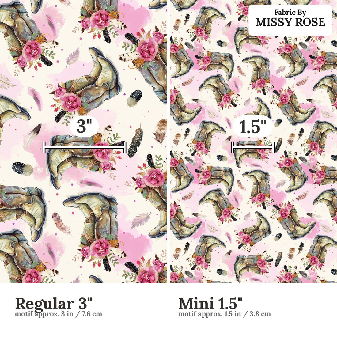 Design 690 Cowgirl Boots Fabric size comparison - print scale | Fabric by Missy Rose