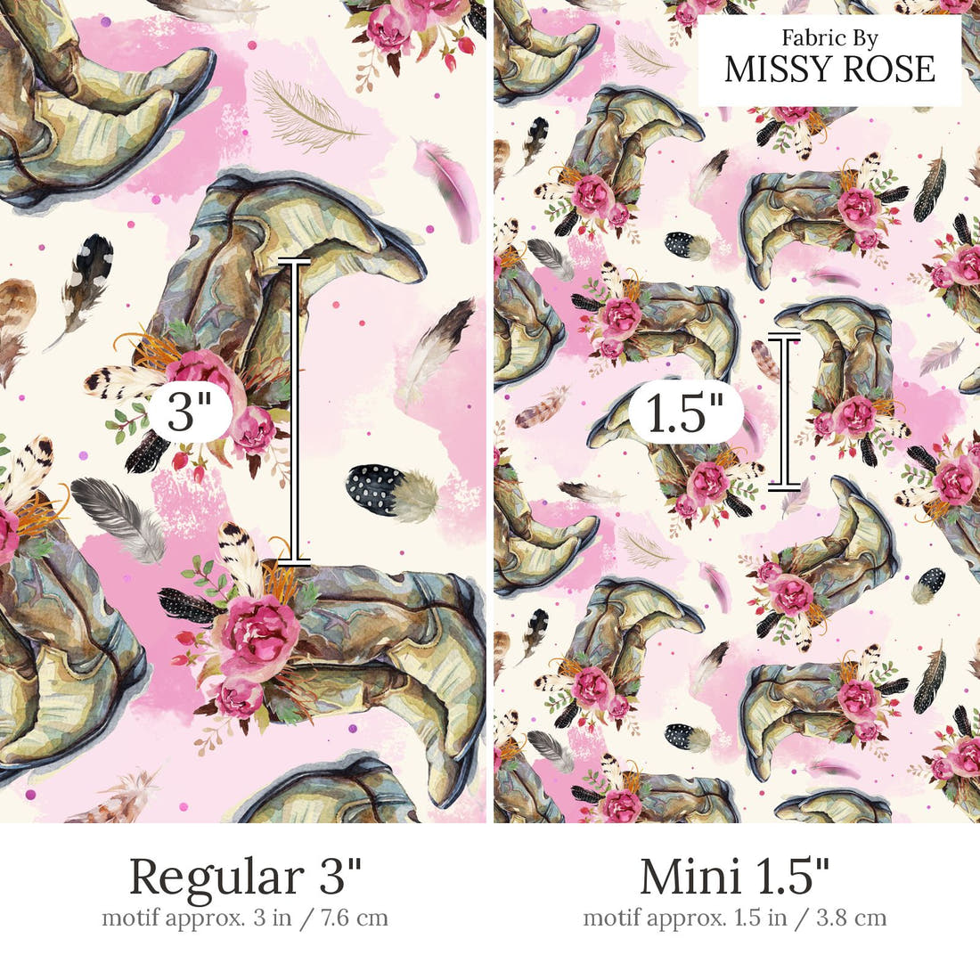 Design 690 Cowgirl Boots Fabric Regular 3 inch vs Mini 1.5 inch print scale side by side | Fabric by Missy Rose