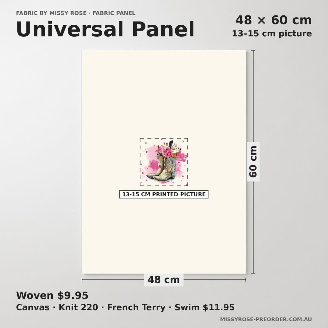 Design 690 Cowgirl Boots Panel universal panel sizing – 13–15 cm printed picture on 48 × 60 cm fabric | Fabric by Missy Rose
