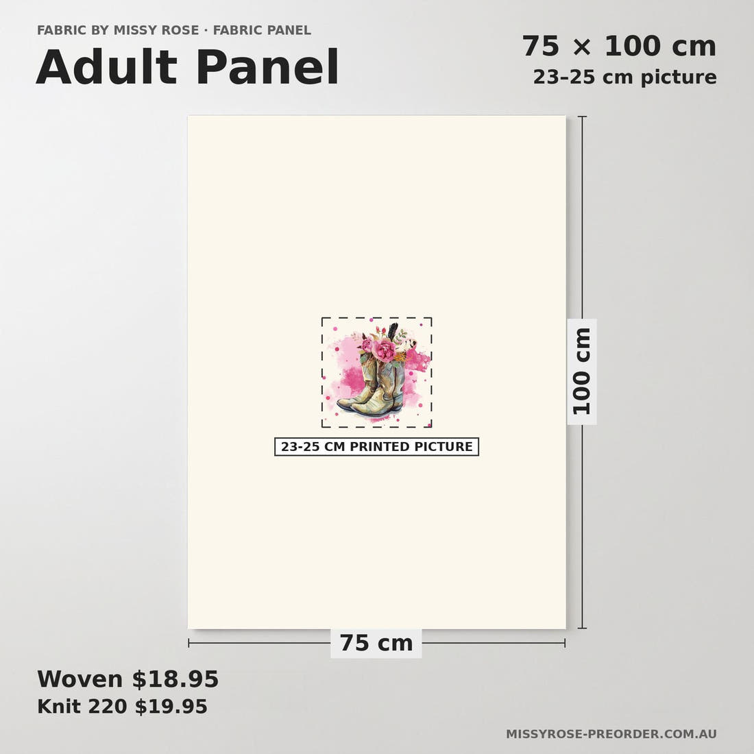 Design 690 Cowgirl Boots Panel adult panel sizing – 23–25 cm printed picture on 75 × 100 cm fabric | Fabric by Missy Rose