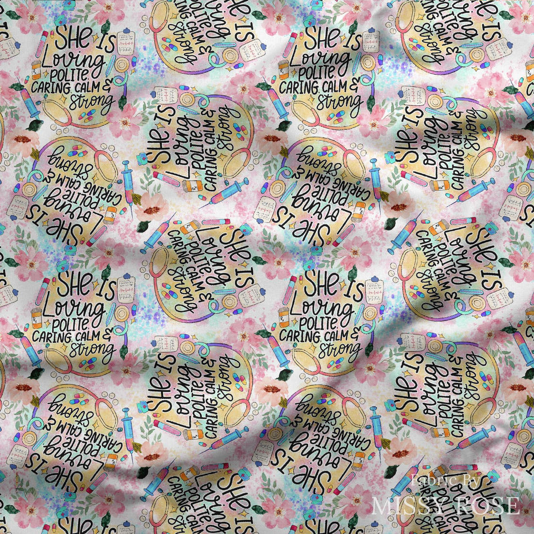 Design 691 Caring Fabric draped fabric mockup – custom printed fabric by the metre | Fabric by Missy Rose