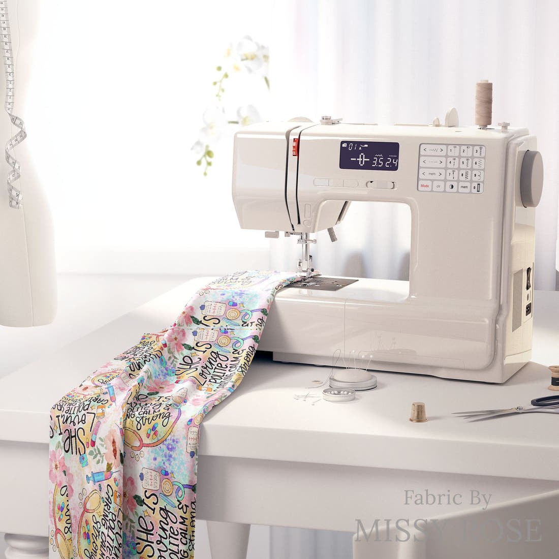 Design 691 Caring Fabric on a sewing machine – premium fabric for sewing projects | Fabric by Missy Rose