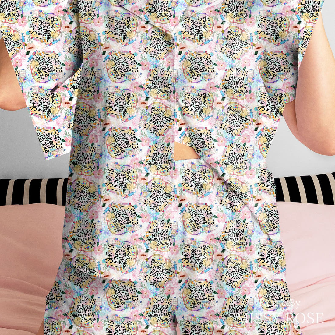 Design 691 Caring Fabric sewn into a women's pyjama set – see how the print looks made up | Fabric by Missy Rose
