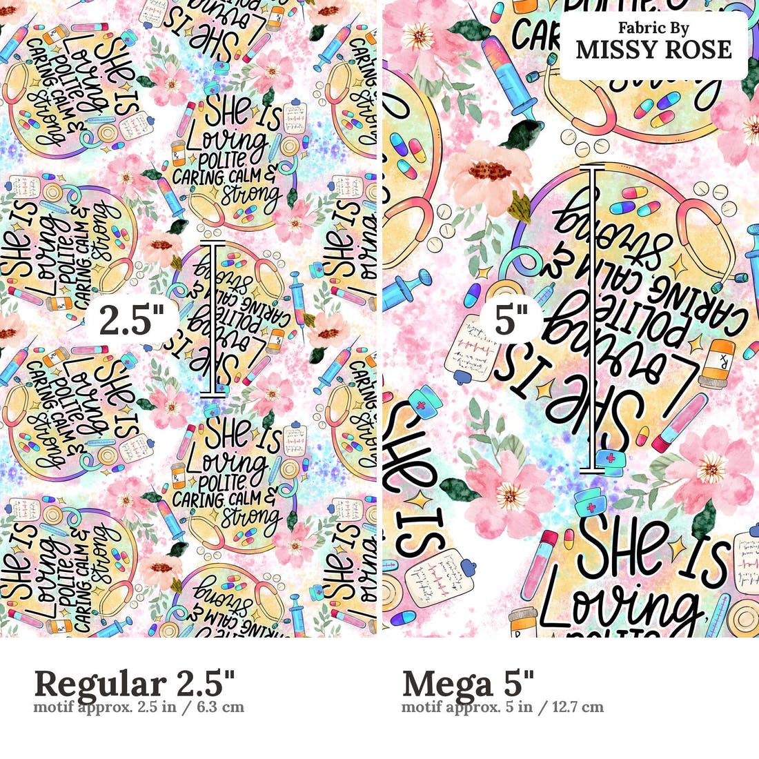 Design 691 Caring Fabric size comparison - print scale | Fabric by Missy Rose