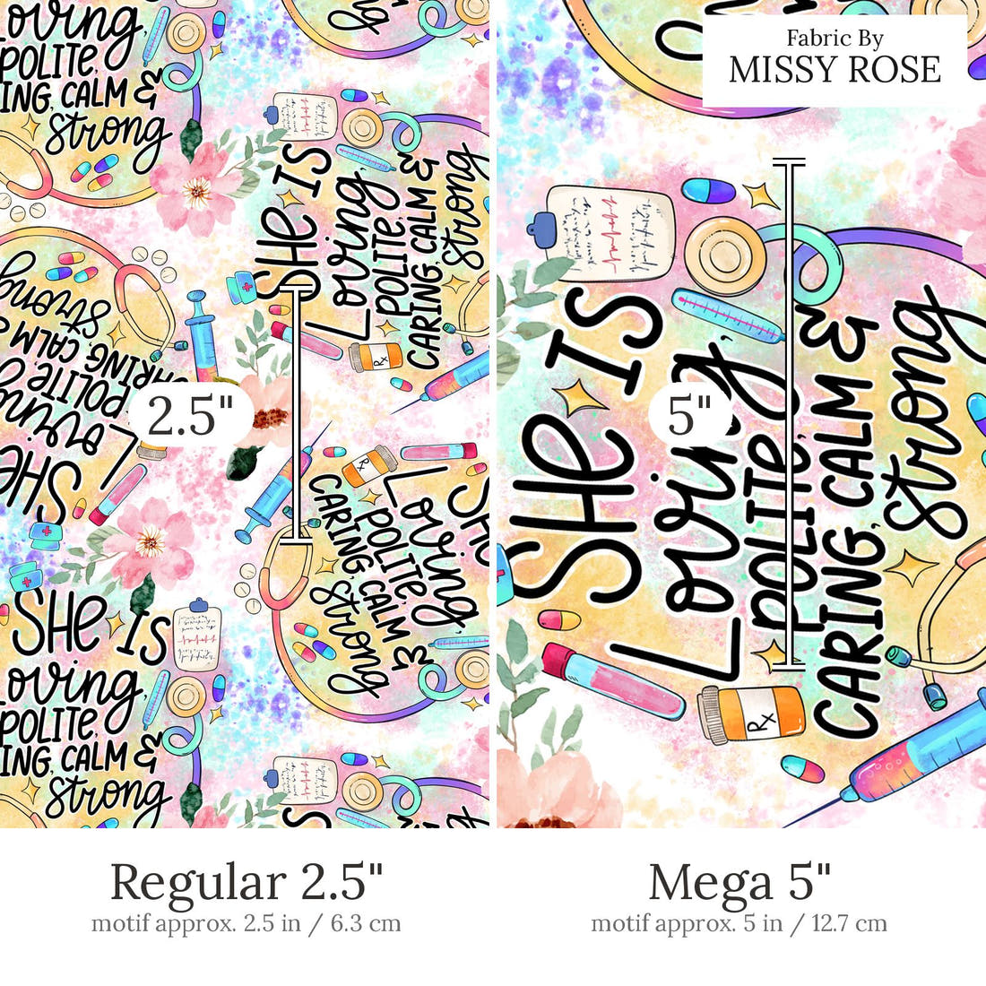 Design 691 Caring Fabric Regular 2.5 inch vs Mega 5 inch print scale side by side | Fabric by Missy Rose