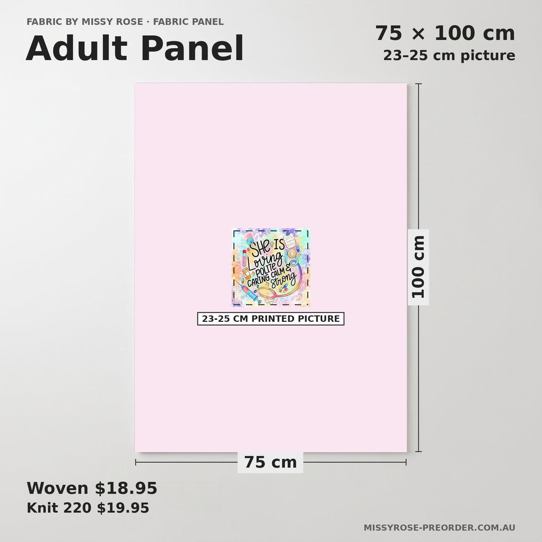 Design 691 Caring Panel adult panel sizing – 23–25 cm printed picture on 75 × 100 cm fabric | Fabric by Missy Rose